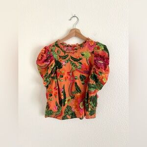 FARM RIO blooming garden puff sleeve blouse / size S
